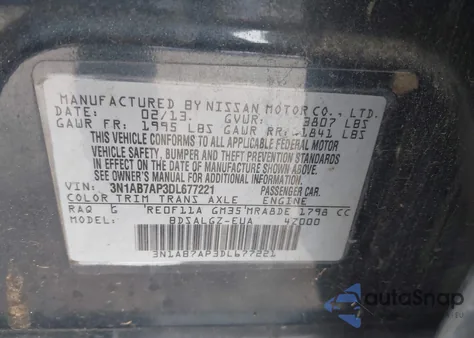 2013 Nissan Sentra Sl из США, поврежденный, VIN 3N1AB7AP3DL677221